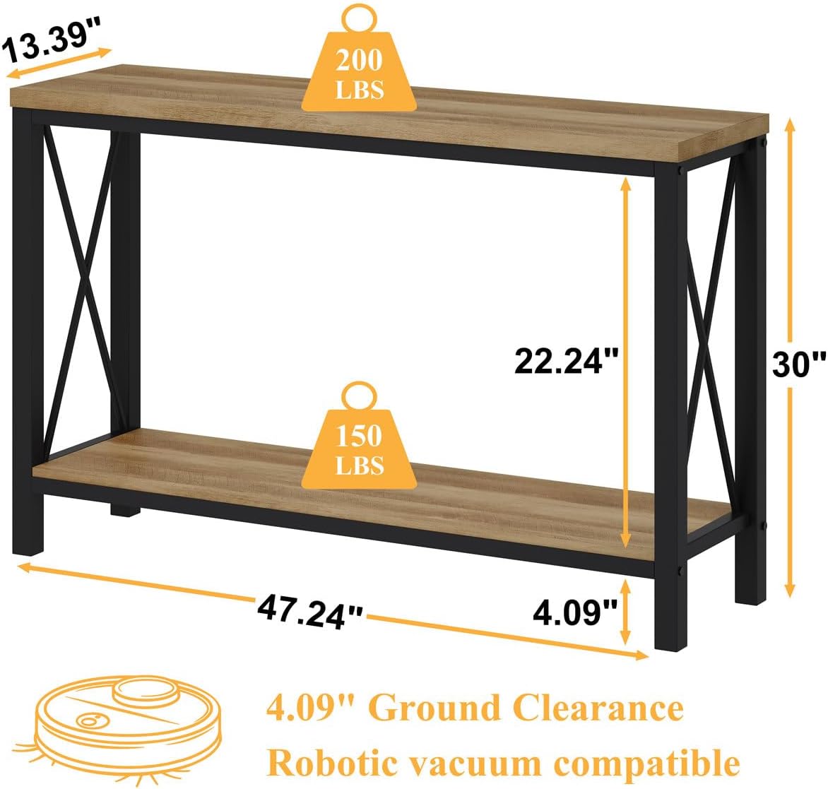 BON AUGURE Farmhouse Entryway Table, Sofa Console Table Behind Couch for Living Room, Industrial Hallway Tables for Entry, Front Door, Entrance, Foyer (Vintage Oak, 47 Inch)
