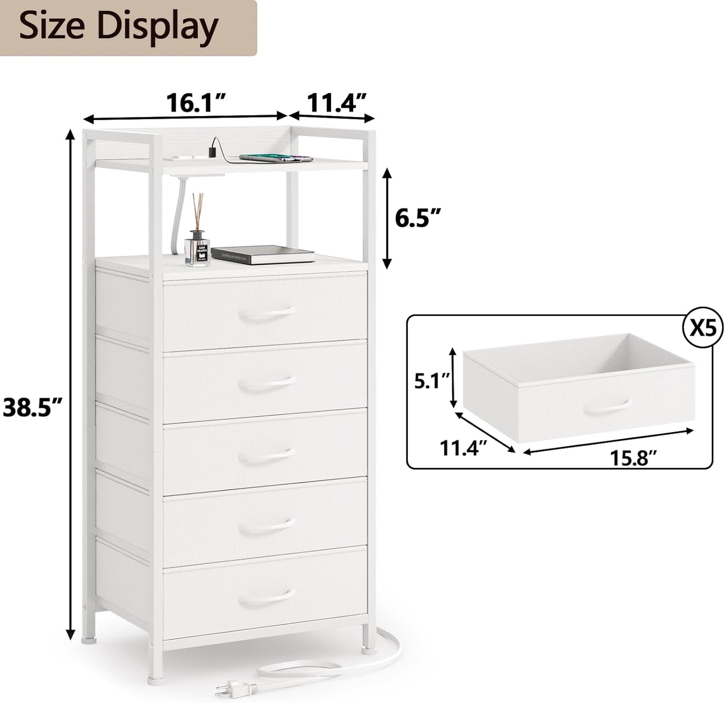 Furnulem White Nightstand with 5 Storage Drawer, Tall Dresser for Bedroom with Led Light and Charging Station, Side Table Nightstand for Closet, Fabric Bins, Metal Frame, Wood Shelf(White)