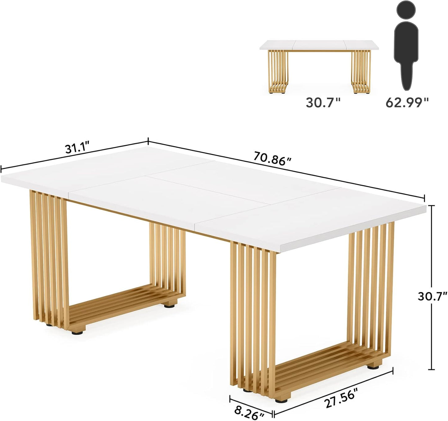 Tribesigns Modern Dining Table for 6-8 People, 70.8 Inches Long White Room Kitchen, Wood Kitchen with Gold Metal Legs, Rectangular Dinner Room, Family Gathering
