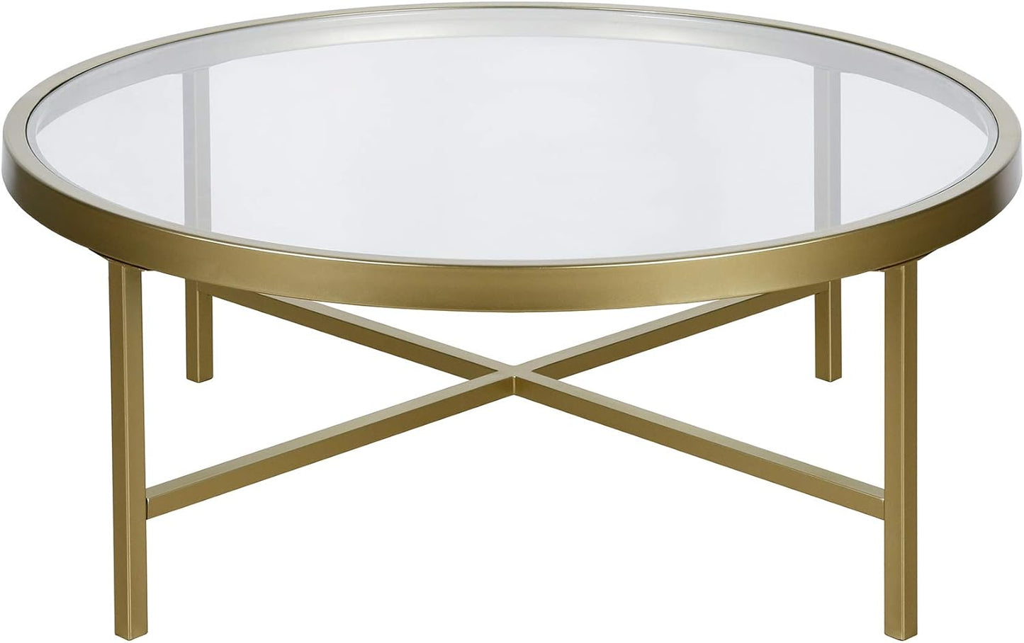 Henn&Hart 36" Wide Round Coffee Table with Glass Top in Brass, Modern coffee tables for living room, studio apartment essentials