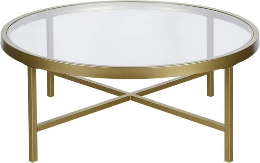Henn&Hart 36" Wide Round Coffee Table with Glass Top in Brass, Modern coffee tables for living room, studio apartment essentials
