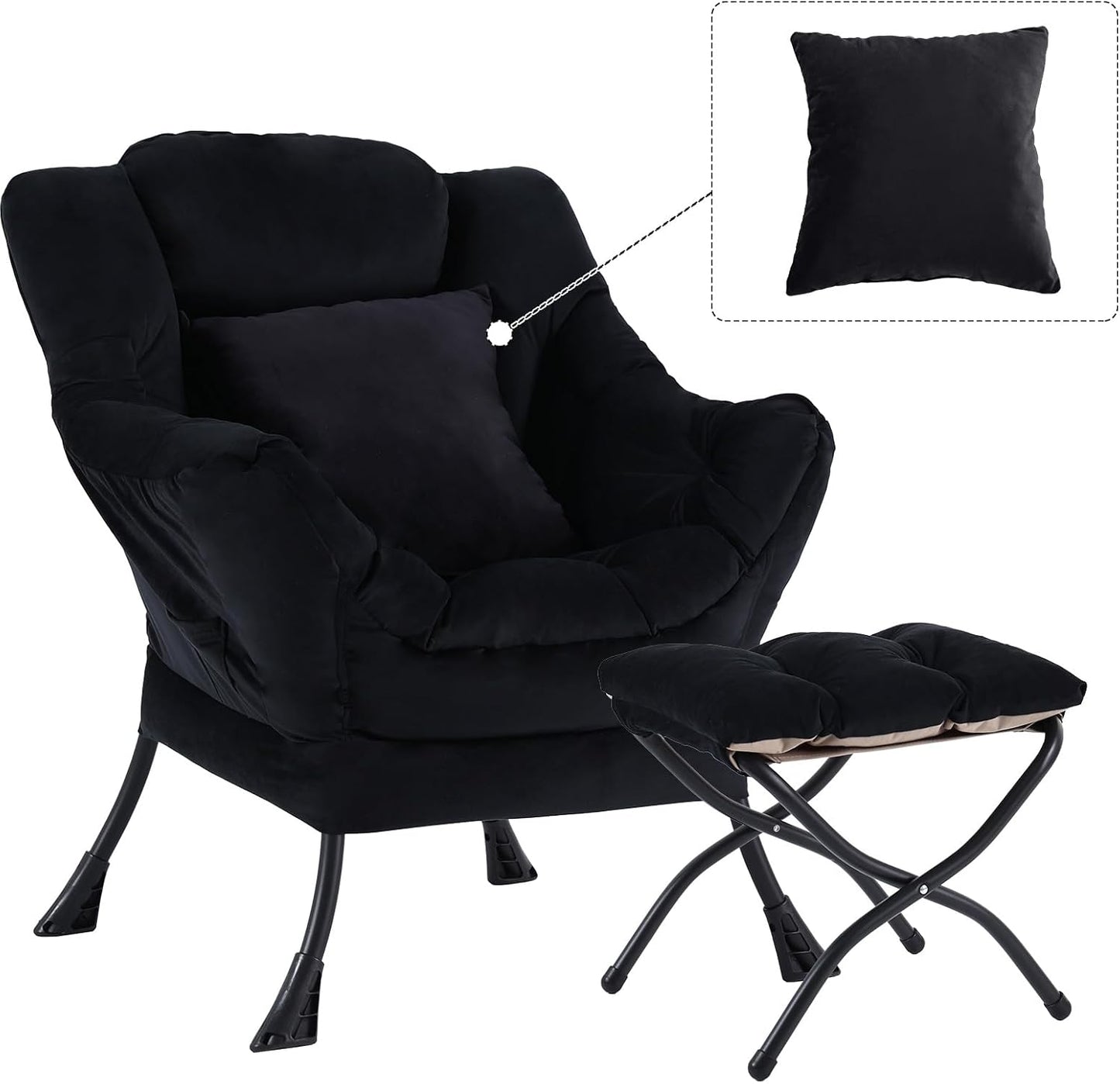 Lazy Chair with Ottoman, Comfy Reading Lounge Chair with Footstool & Throw Pillow Modern with Armrests & Side Pocket for Living Room, Bedroom, Dorm Room, Velvet Black
