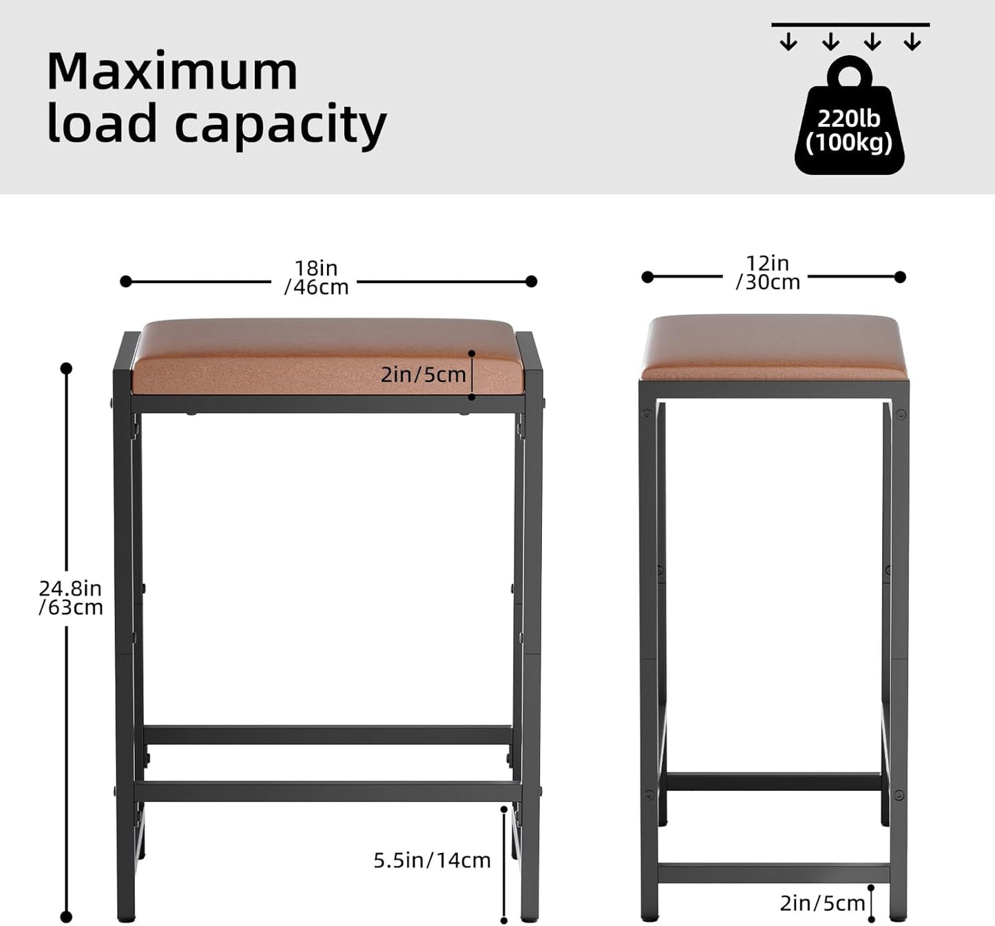 Bar Stools, Bar Chairs, Counter Height Bar Stools, Kitchen Counter Stools with Footrests, Synthetic Leather Mid-Century Modern, 25-Inch Tall, for Kitchen, Dining Room, Counter, Bar, Cafe