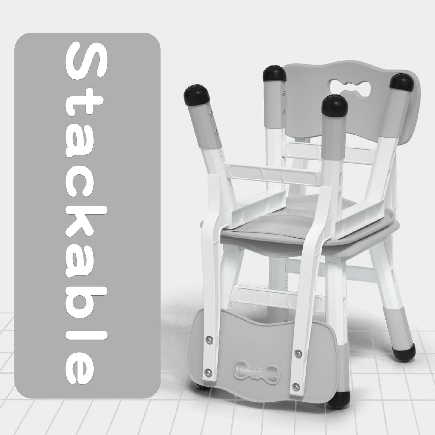 4 Piece Kids Chair Set 3 Levels Adjustable Stackable Kids Chairs Ideal for Playrooms, Schools, Daycares and Homes Washable and Easy to Clean Max Weight 220LB(Grey 4Piece Set)
