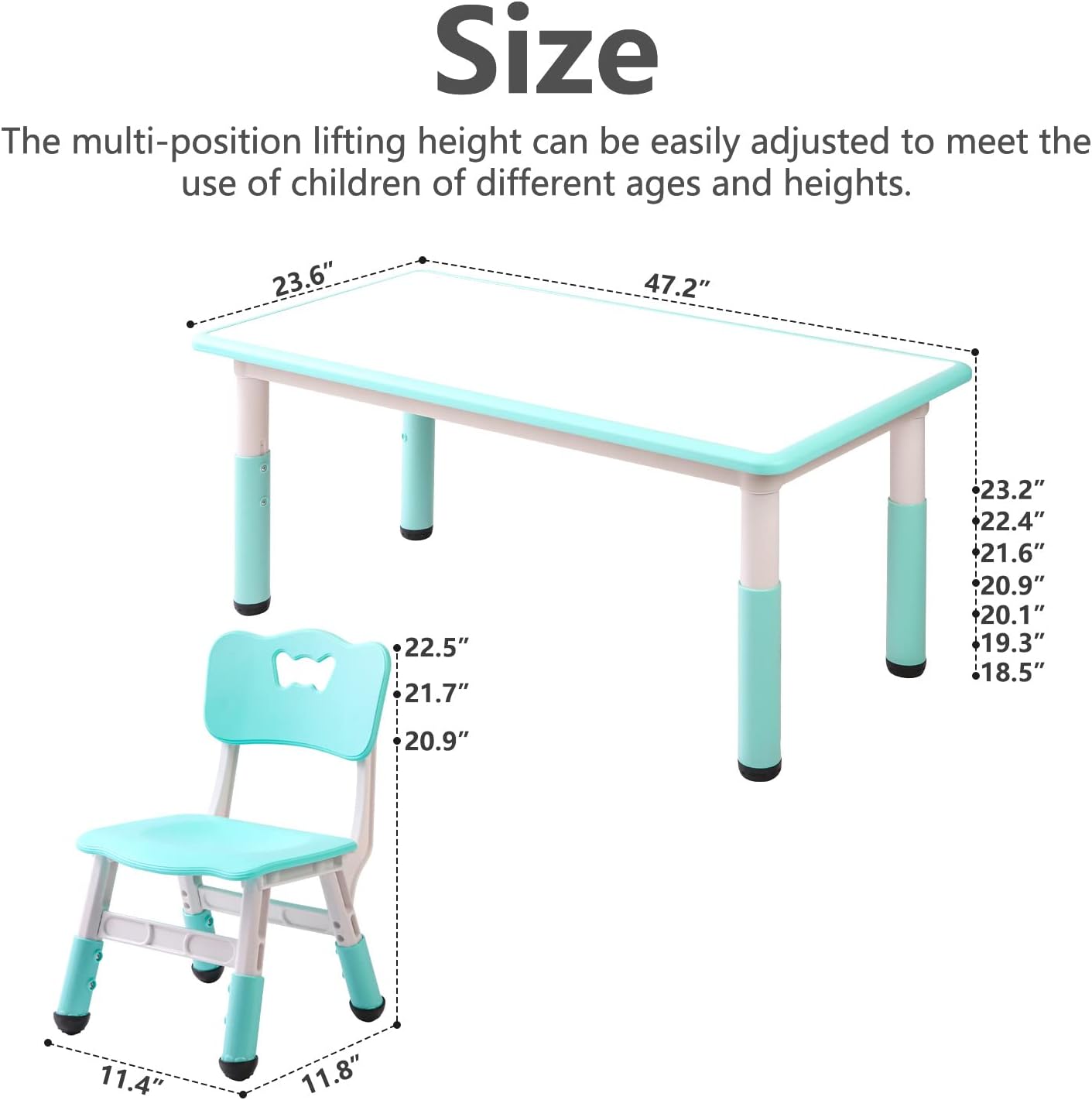 Children's Table and Chair Set Suitable for Boys and Girls Age 2-12 Height Adjustable Table top Can be Painted with 6 Seats Suitable for Family Learning Daily use (Mint Green)