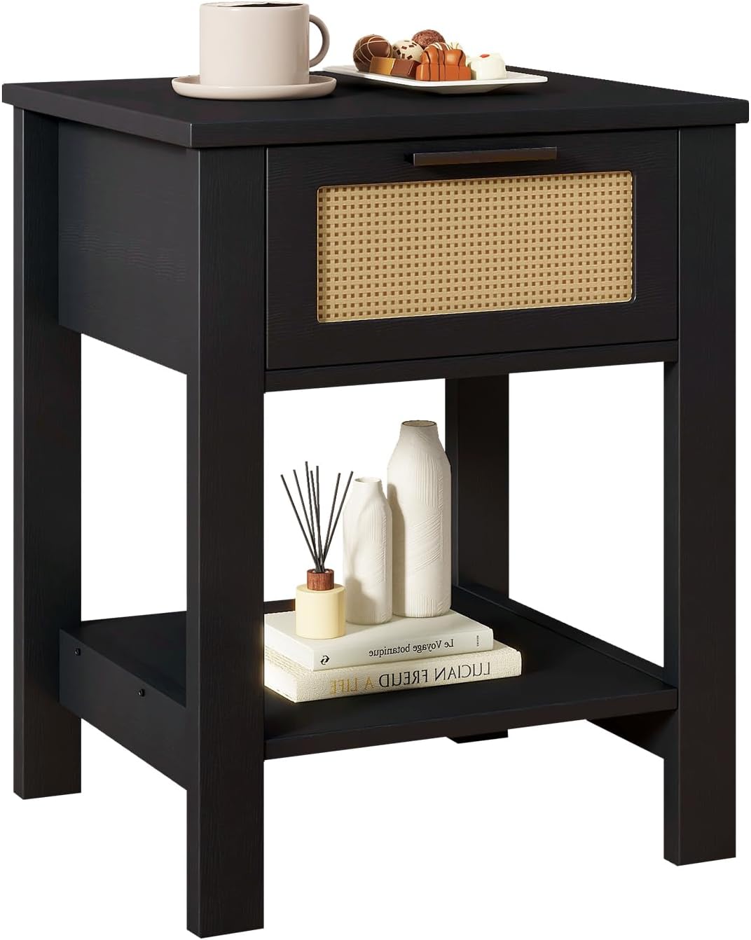 IBUYKE Rattan Nightstand, Boho Night Stand with Drawer, Wood Bedside Tables with Storage Shelf, End Table with Legs for Bedroom, Black UWNS011B