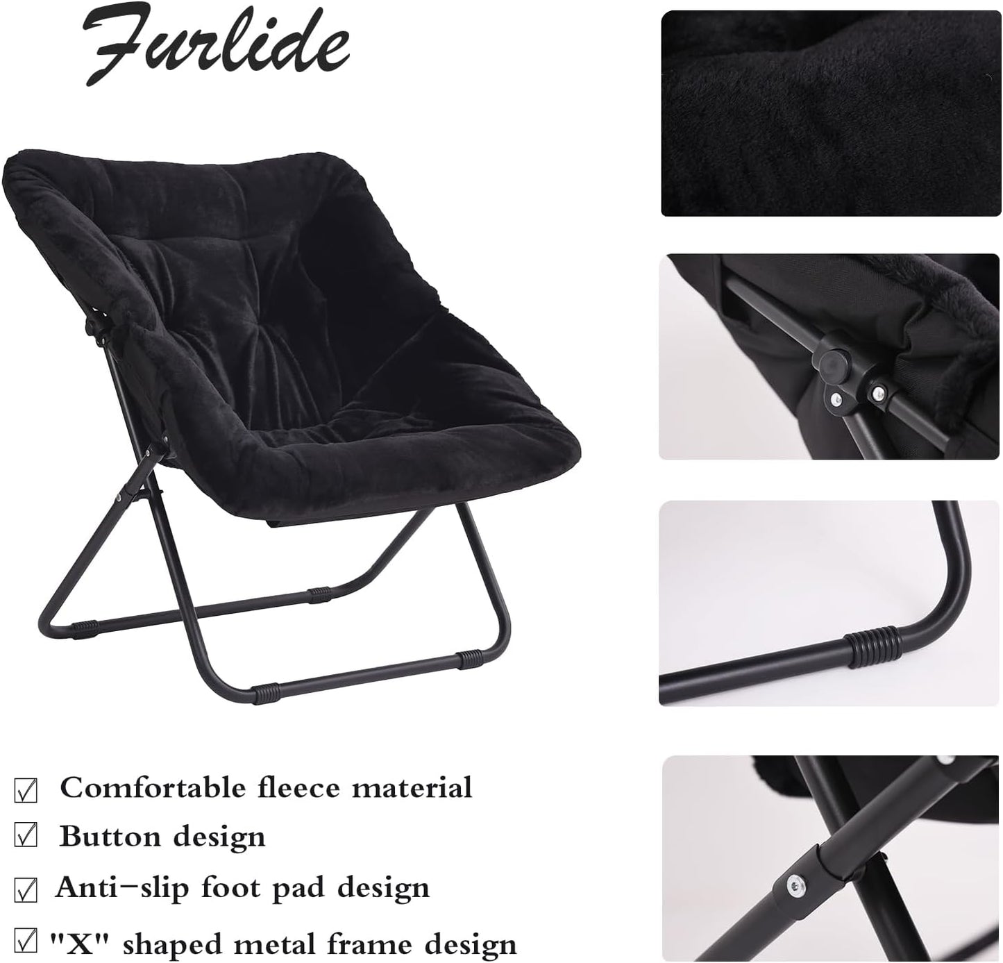 Saucer Chair, Comfy Bedroom Chairs, Oversized Folding Faux Fur Chair, Foldable Metal Frame Chair for Bedroom, Patio, Study, Playroom (Black)