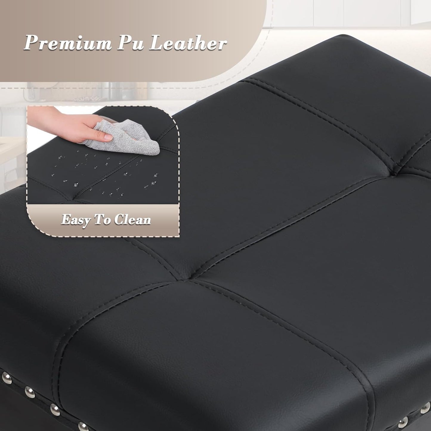 Athena Collection Bar Stools Set of 2, 25 Inches Counter Height Bar Stools Backless with Footrest, Leather Upholstered Saddle Barstools with Nailhead Trim for Home, Kitchen Island, Counter, Black