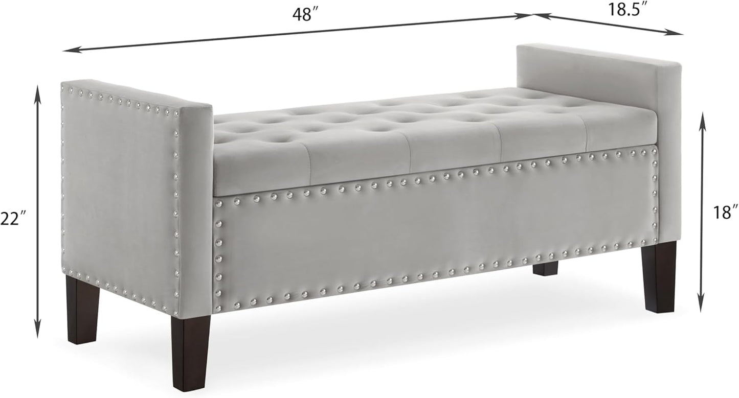 Velvet Storage Ottoman with Armrests and Nails Trim,Entryway Living Room Soft Padded Seat,Bed Bench Bedroom End of Bed,Gray(48”L X 18.5” W X 22” H)