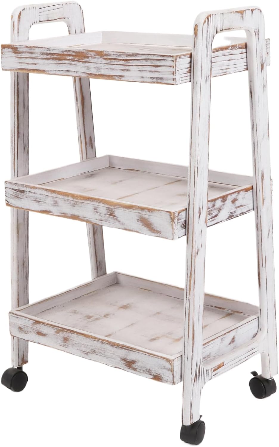 3-Tiers Ladder Shelf with Wheels, Wooden Rolling Cart,Solid Pine Wood Ladder Shelf, Side End Table for Living Room, Storage Cart Organizer for Kitchen,Studio,Classroom, Bathroom (Retro White)