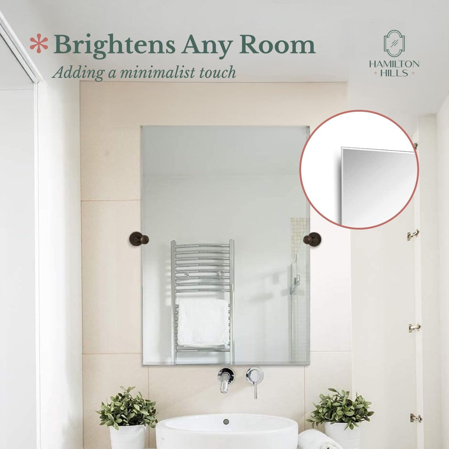 Hamilton Hills 24x36 inch Frameless Pivot Mirrors for Bathrooms with Oil Rubbed Bronze Rounded Wall Brackets | Rectangular Tilting & Farmhouse Wall-Mounted Vanity | Hangs Horizontally and Vertically