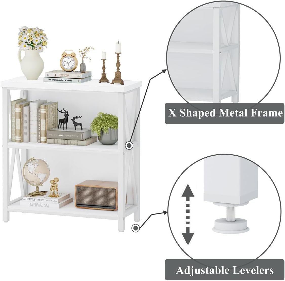 FATORRI Small Bookshelf for Small Space, Short Rustic Low Bookcase, Modern Wood and Metal Book Shelf and Narrow Book Case for Living Room, Hallway (White Oak)