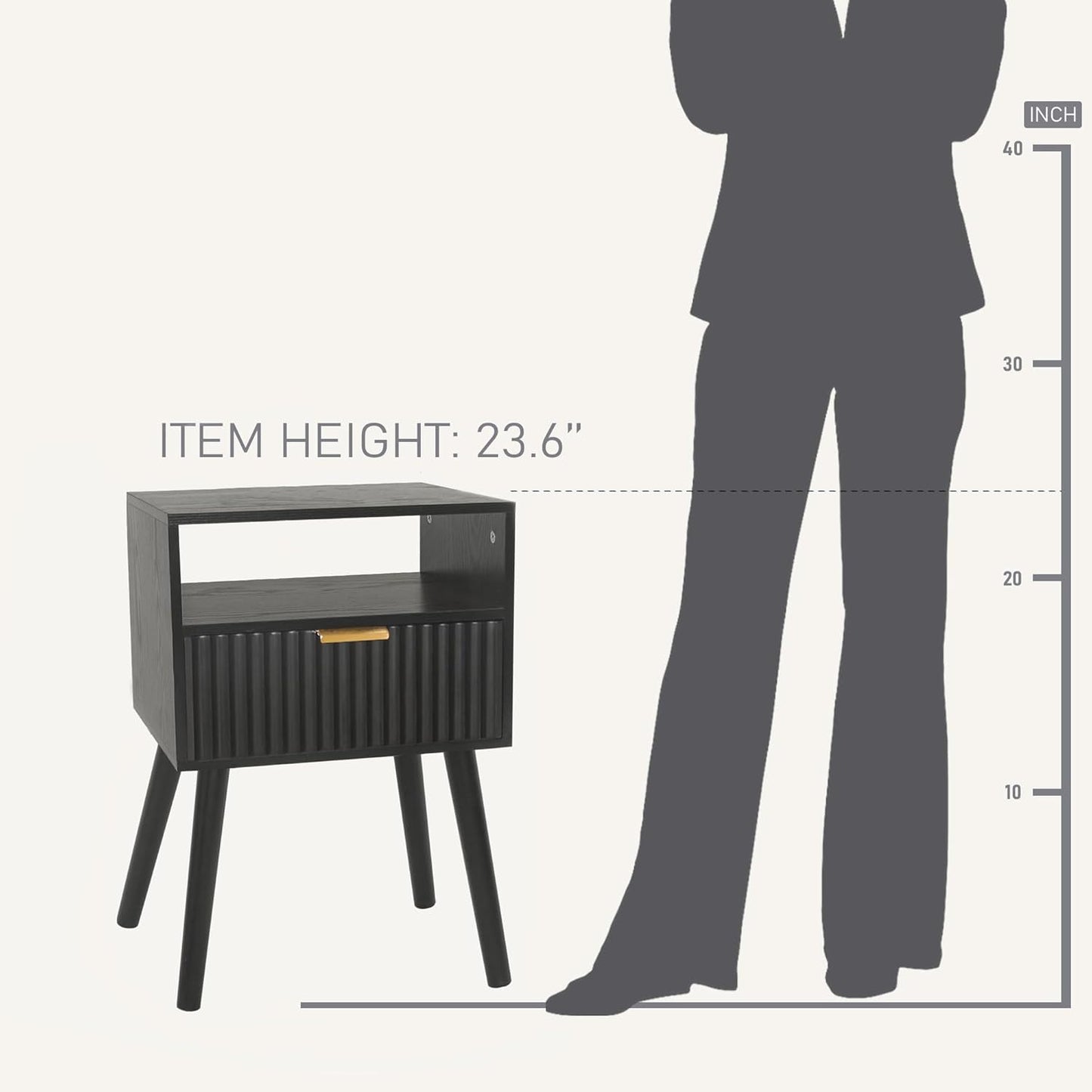 Black Nightstand, Modern Bedside Table with Fluted Drawers, Small Night Stand with Storage and Solid Wood Legs for Bedroom, Dorm and Small Space (Black)