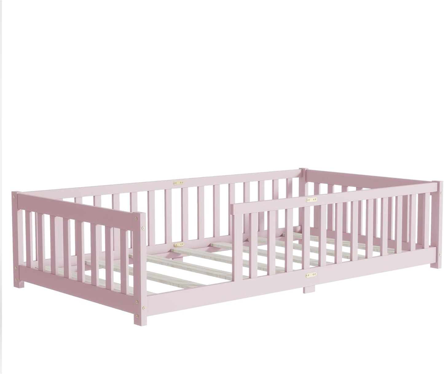 Bellemave Twin Floor Bed with Slats and Safety Guardrails, Kids Montessori Floor Beds with Fence and Without Door, Easy Assemble Floor Bed for Kids, Girls, Boys, Pink