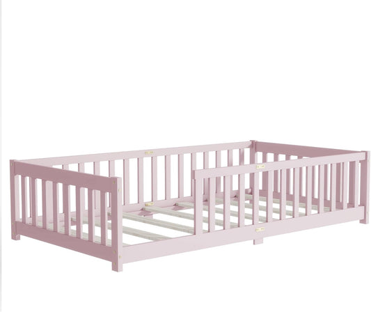 Bellemave Twin Floor Bed with Slats and Safety Guardrails, Kids Montessori Floor Beds with Fence and Without Door, Easy Assemble Floor Bed for Kids, Girls, Boys, Pink