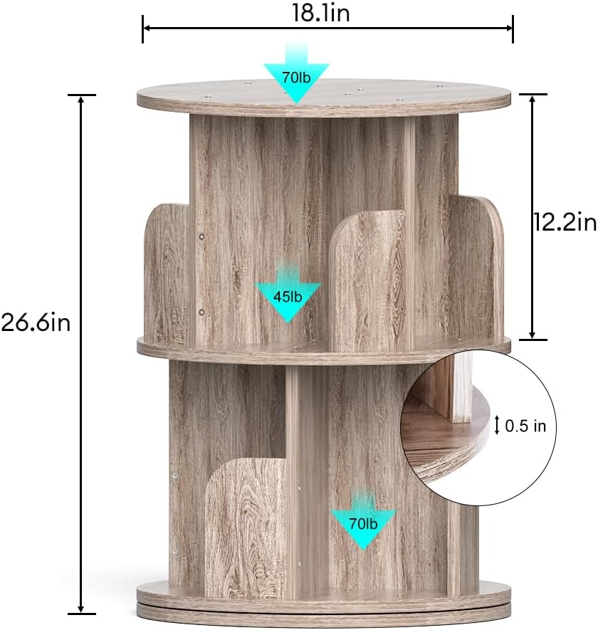 Nidouillet Small Rotating Bookshelf, 2 Tier Revolving Bookcase 360° Display Round Bookshelf Narrow Swivel Corner Book Shelf Standing Bookcase Adult Bedroom