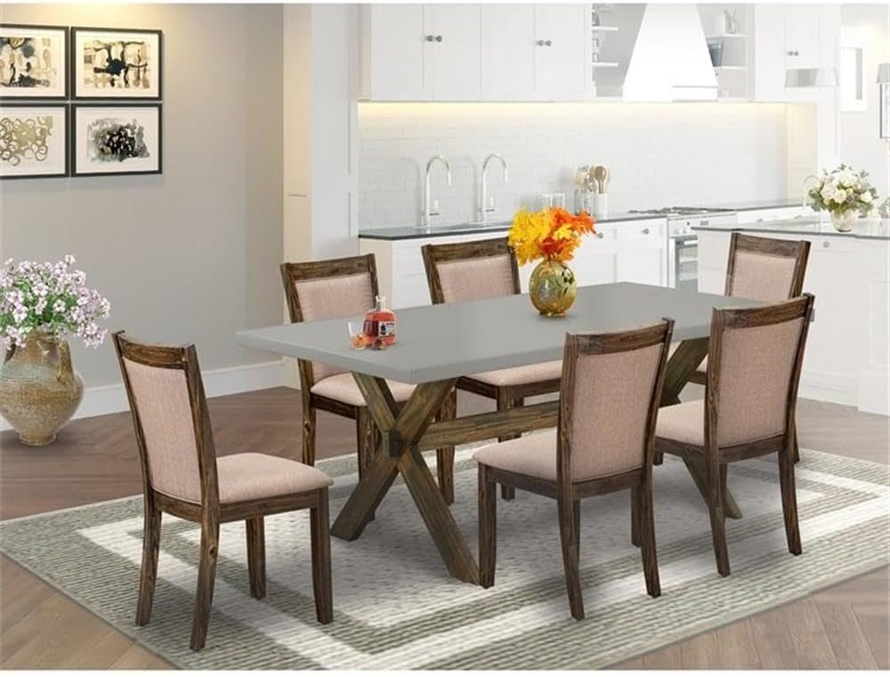 East West Furniture X797MZ716-7 7 Piece Modern Dining Table Set Consist of a Rectangle Wooden Table with X-Legs and 6 Dark Khaki Linen Fabric Upholstered Chairs, 40x72 Inch, Multi-Color