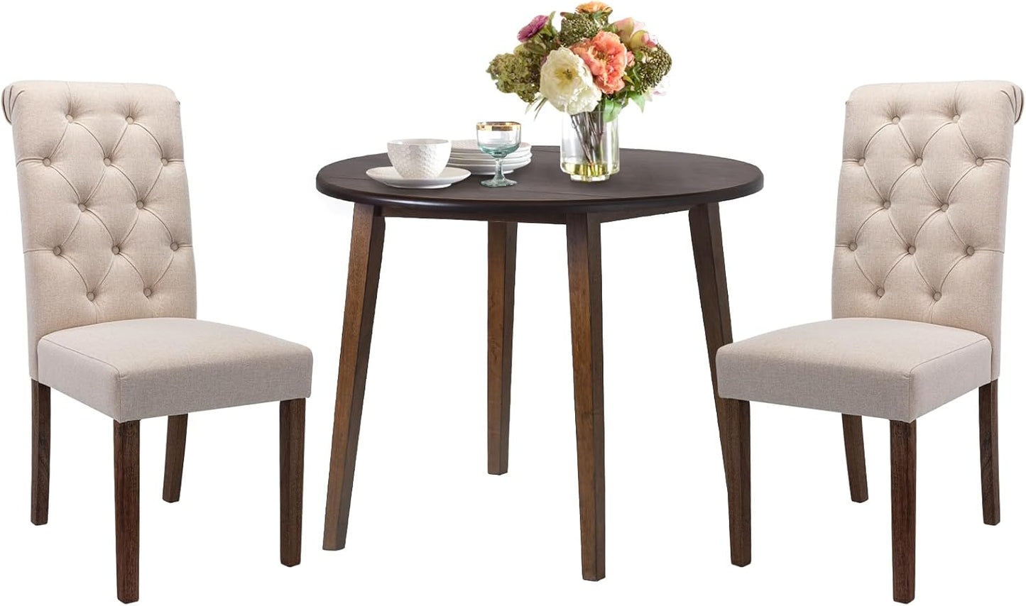COLAMY 3-Piece Extendable Dining Table Set for 2, 36" Round Kitchen Wood Table with 2 Tufted Dining Room Chairs, Light Brown/Beige