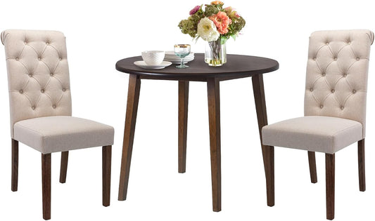 COLAMY 3-Piece Extendable Dining Table Set for 2, 36" Round Kitchen Wood Table with 2 Tufted Dining Room Chairs, Light Brown/Beige