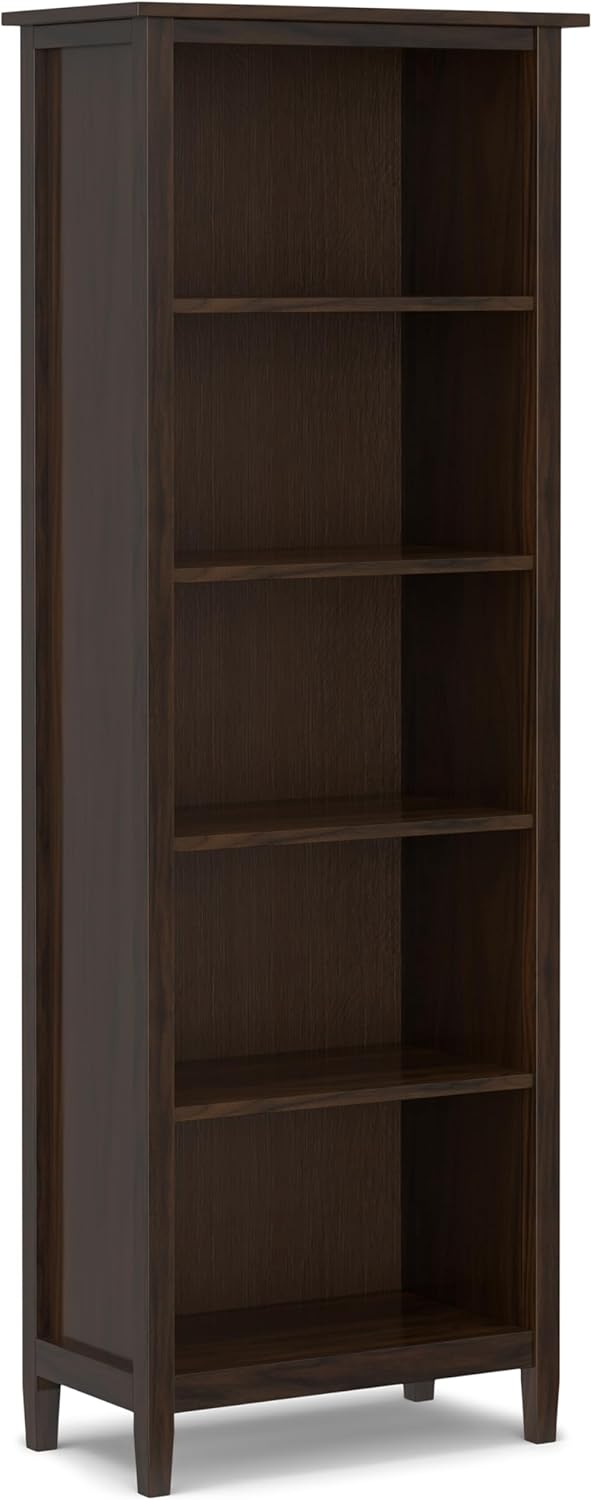 SIMPLIHOME Warm Shaker Bookcase - 72 inch Tall 5-Shelf Solid Wood Bookshelf in Tobacco Brown, Transitional Storage for Living Room, Study Room or Office with Adjustable Shelves and Tapered Legs