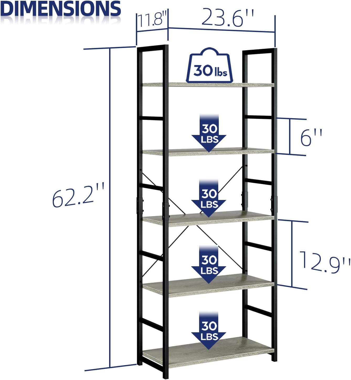 NUMENN 5 Tier Bookshelf, Tall Bookcase Shelf Storage Organizer, Modern Book Shelf for Bedroom, Living Room and Home Office, Grey