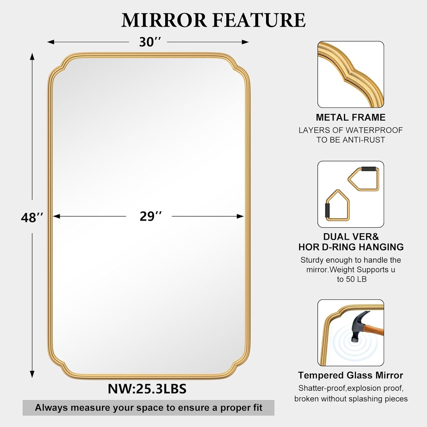30"x48" Gold Bathroom Mirror for Wall, Large Brass Gold Bathroom Vanity Mirror for Over Sink, Rounded Rectangle Mirror in Premium Iron Metal Frame Hangs Horizontal Or Vertical