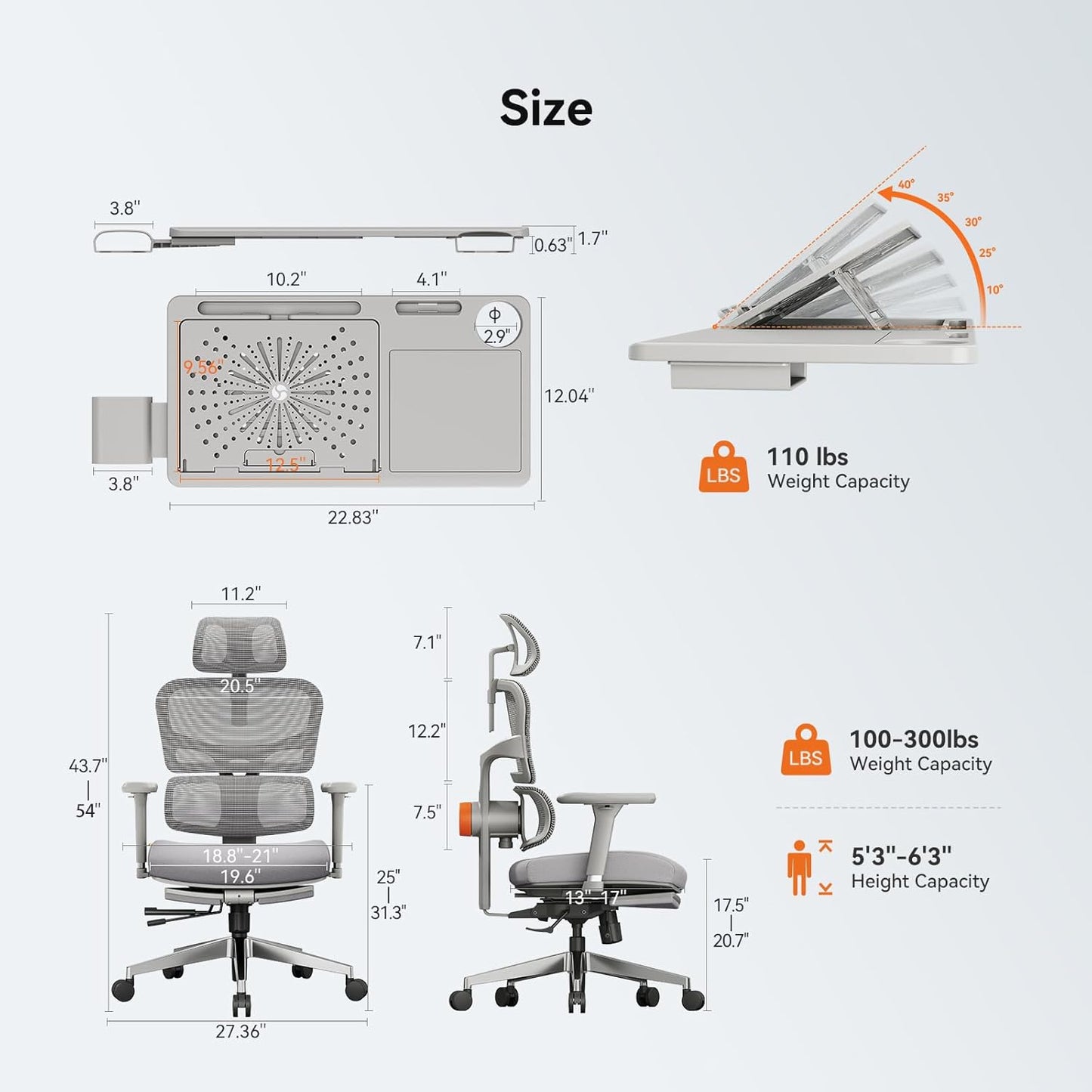 Newtral Office Chair Ergonomic - Home Office Desk Chair, Big and Tall Office Chair, Auto-Following Lumbar Support, 4D Armrest, Adjustable Seat Depth and Heigt (with Footrest + Laptop Tray, Gray)