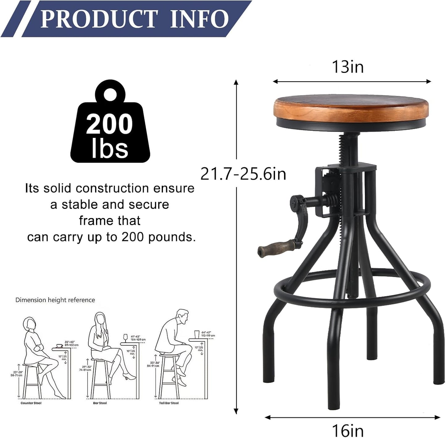 Diwhy Industrial Farmhouse Counter Stool Wooden Seat Height Adjustable with Handle Kitchen Bar Stool Black Set of 2