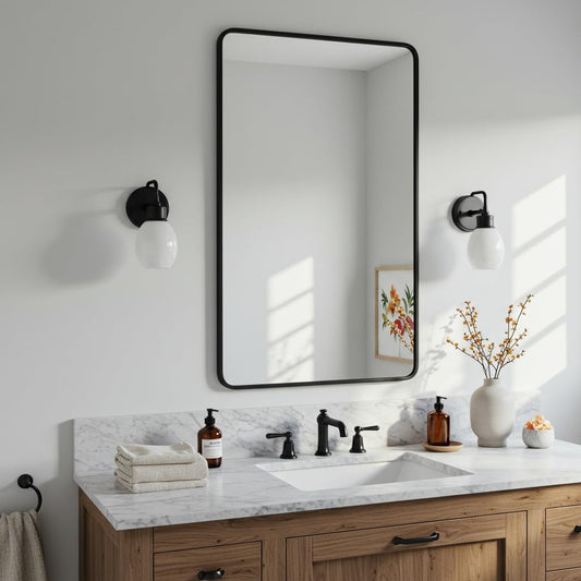 24"x30" Bathroom Wall Mirror with Matte Black Metal Frame & HD Glass, Copper-Free Mirrors Modern Rectangle Round Corner Framed Vanity Mirror - Horizontal or Vertical Installation