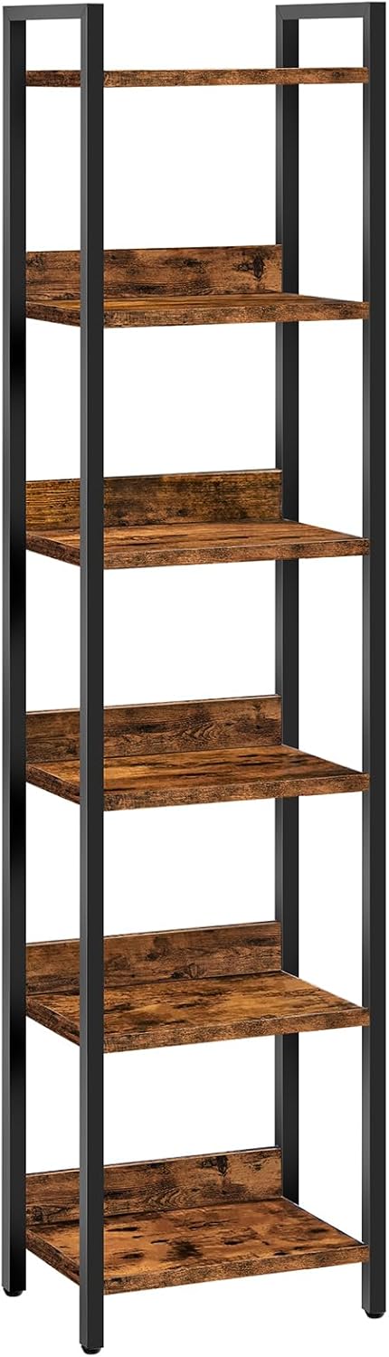 Bookshelf, 6-Tier Bookcase, Standing Book Shelf for Small Space, Storage Shelf Organizer, for Living Room, Bedroom, Study, Balcony, Rustic Brown and Black BKHR6601