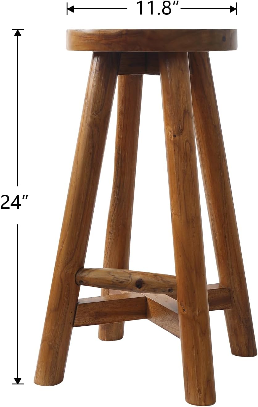 Solid Teak Wood Barstool with Round Seat for Kitchen Counter, Home Bar Furniture, 24-Inch Height