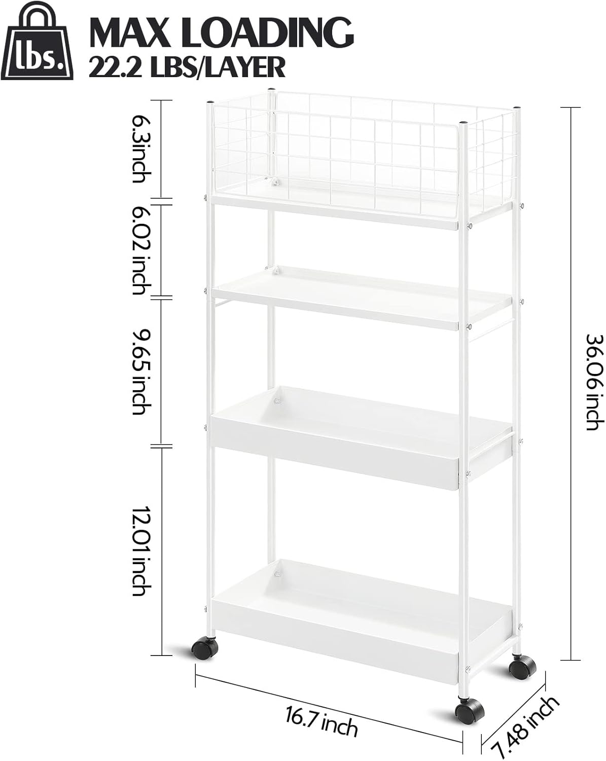 KINGRACK Slim Storage Cart, 4-Tier Metal Utility Rolling Cart with Wheels, Narrow Mobile Shelving Unit, Bathroom Storage Organizer, for Office, Kitchen Bathroom, Laundry Room, Narrow Places, White