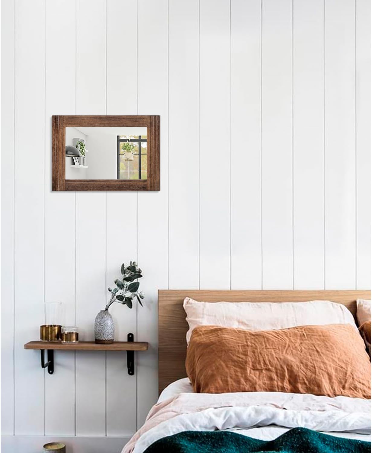 Wood Mirror Rectangular Framed Rustic Vintage Mirrors Decor Farmhouse Bedroom Bathroom Mirror for Dressing Table Entrance Small 16"x12" Brown