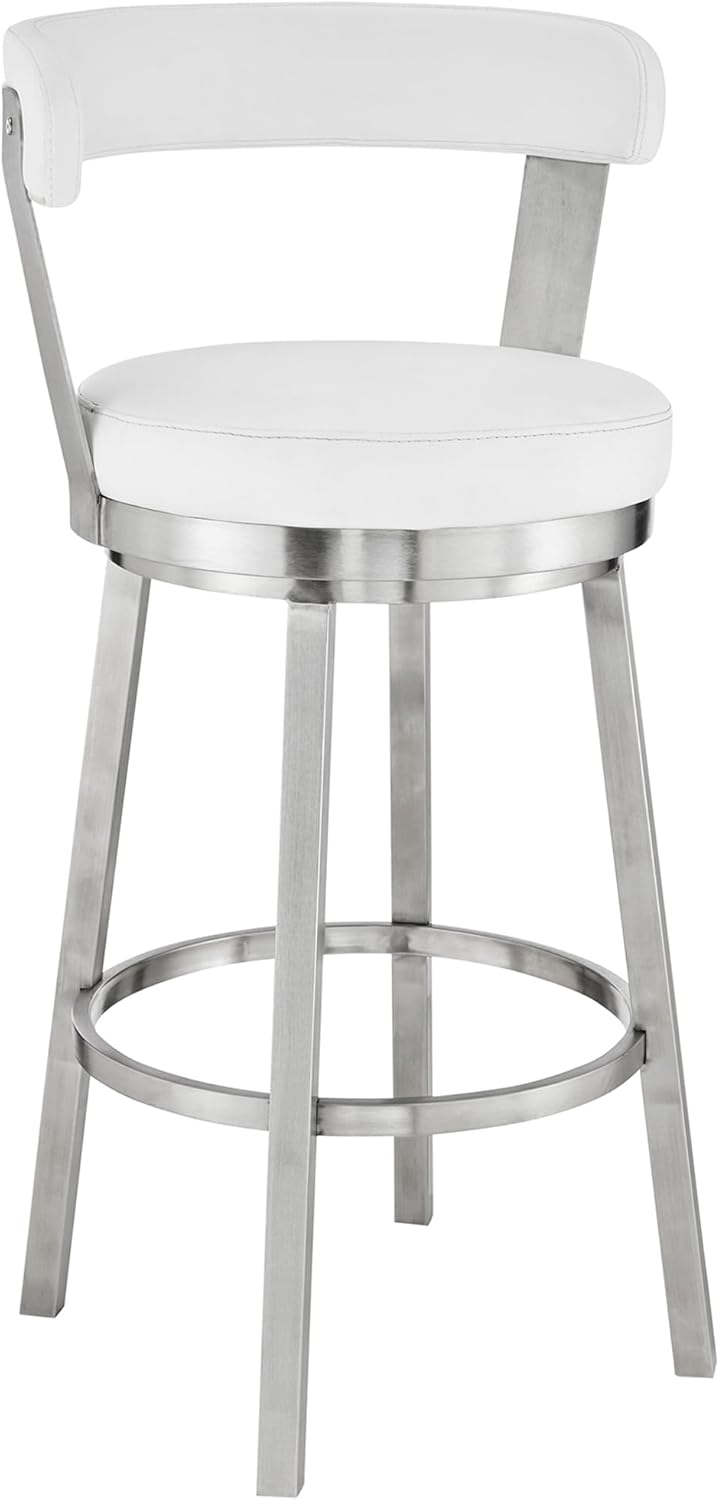 Armen Living Bryant Modern 30" Seat Height White Faux Leather and Brushed Stainless Steel Metal Swivel Bar Stool for Kitchen Island Counter