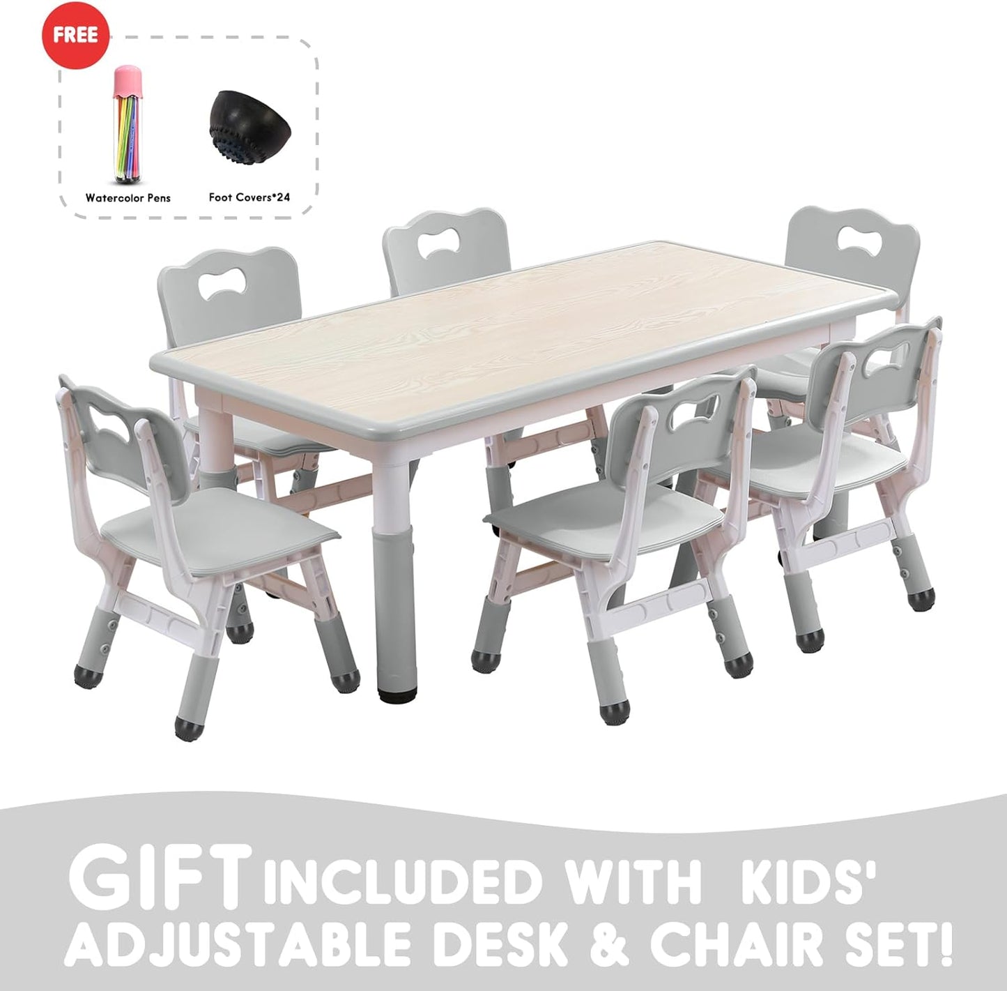 Kids Table and Chairs Set, Height Adjustable Desk With 6 Seats for Ages 2-12,Arts & Crafts Table,Graffiti Desktop, Non-Slip Legs, Max 300lbs, Children Multi-Activity Table for Classrooms,Daycares,Home
