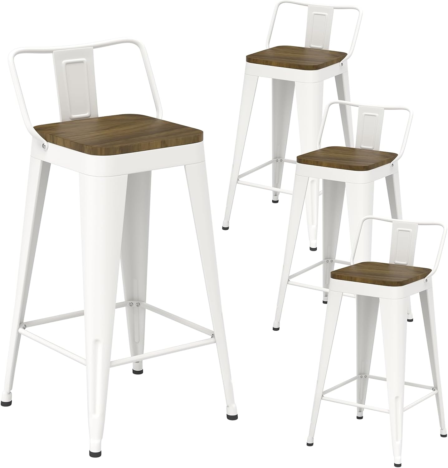 White Bar Stools Set of 4, Metal Bar Stools with Wooden Seat, Modern 30”Counter Height Barstools with Low Back