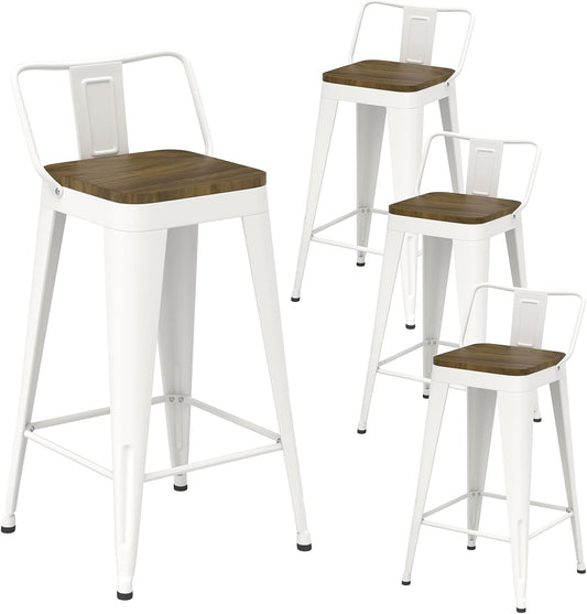 White Bar Stools Set of 4, Metal Bar Stools with Wooden Seat, Modern 24”Counter Height Barstools with Low Back