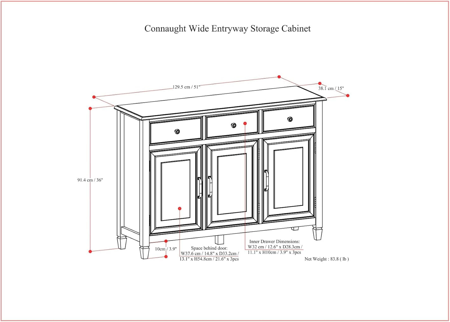 SIMPLIHOME Connaught 51-inch Wide Solid Wood Storage Cabinet in Chestnut Brown for The Entryway, Mudroom, 3 Drawers and Adjustable Shelves, Traditional Style, Space-Saving Design