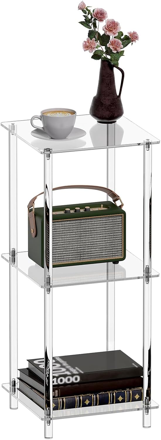 HMYHUM Acrylic Side Table for Small Spaces, 11.8" L x 11.8" W x 28" H, Small Nightstand/Bedside/End Table for Living Room, Bedroom, 3-Tier, Square, Clear