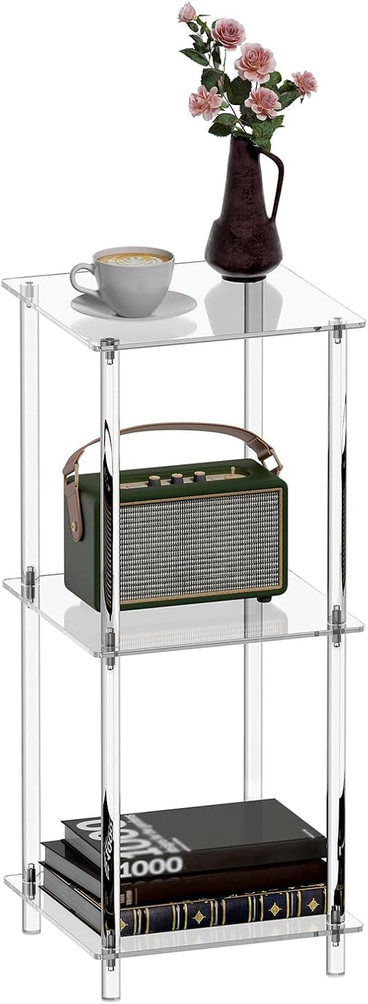 HMYHUM Acrylic Side Table for Small Spaces, 11.8" L x 11.8" W x 28" H, Small Nightstand/Bedside/End Table for Living Room, Bedroom, 3-Tier, Square, Clear