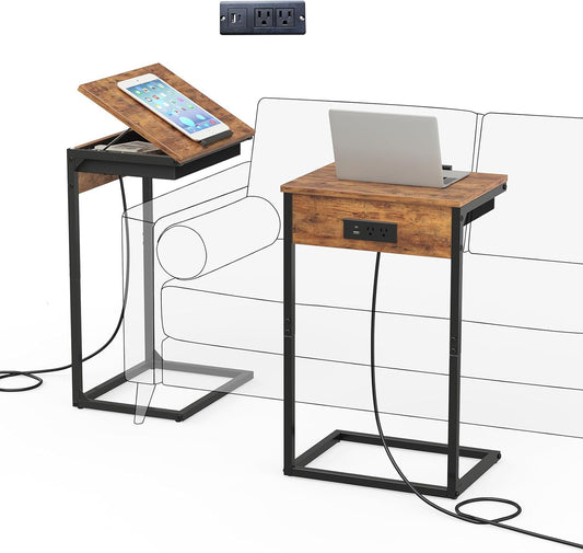 C Shaped End Table with Charging Station,45° Tiltable Adjustable Flip Top Side Table Set of 2,Small C Table Set 2 for Small Spaces,Slide Under Couch Sofa Bedside Table Living Room,Rustic Brown