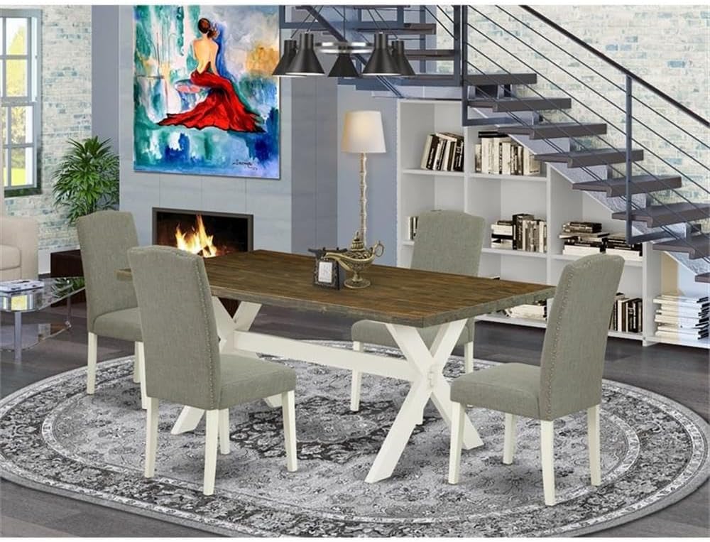 East West Furniture X077EN206-5 5 Piece Modern Dining Table Set Includes a Rectangle Wooden Table with X-Legs and 4 Dark Shitake Linen Fabric Parson Chairs, 40x72 Inch, Multi-Color