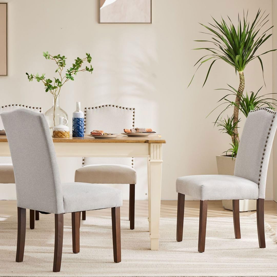 Kitchen Chairs Set of 2 Modern Upholstered Fabric Seat with Nailhead Trim and Ergonomic Lumbar Support for Living Room and Rustic Farmhouse Dining Area, Grey