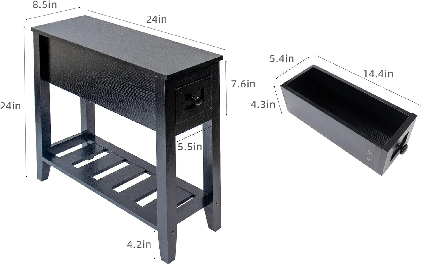 Narrow End Table, Black Couch Table with Drawer, Slim Bed Side Table for Small Space/Night Stand Set of 2, Side Table for Couch
