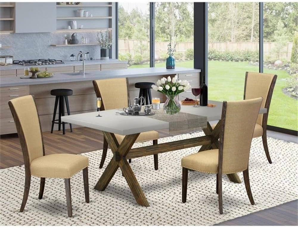 East West Furniture X797VE703-5 5 Piece Dining Set Includes a Rectangle Dining Room Table with X-Legs and 4 Brown Linen Fabric Upholstered Parson Chairs, 40x72 Inch, Multi-Color