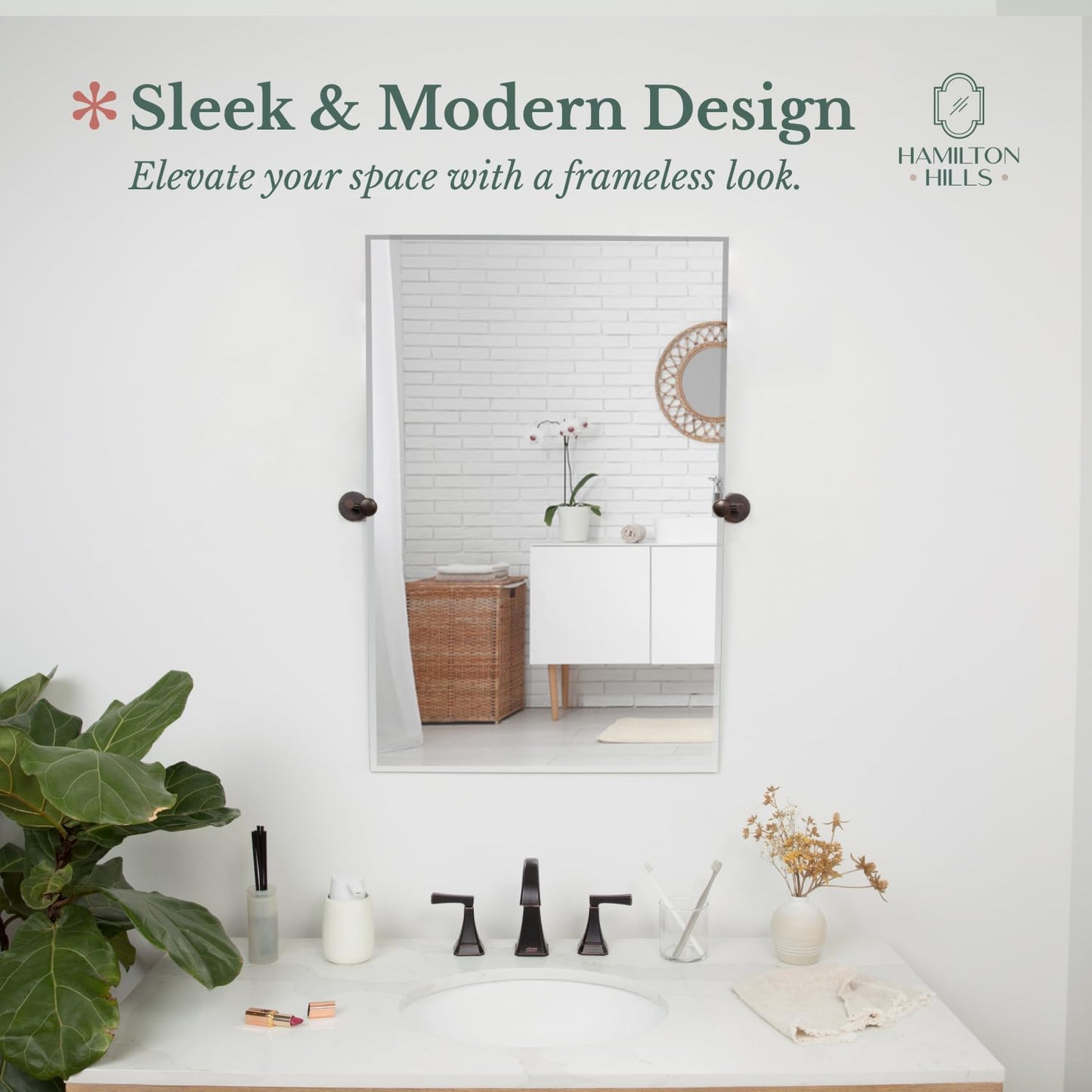 Hamilton Hills 24x36 inch Frameless Pivot Mirrors for Bathrooms with Oil Rubbed Bronze Rounded Wall Brackets | Rectangular Tilting & Farmhouse Wall-Mounted Vanity | Hangs Horizontally and Vertically