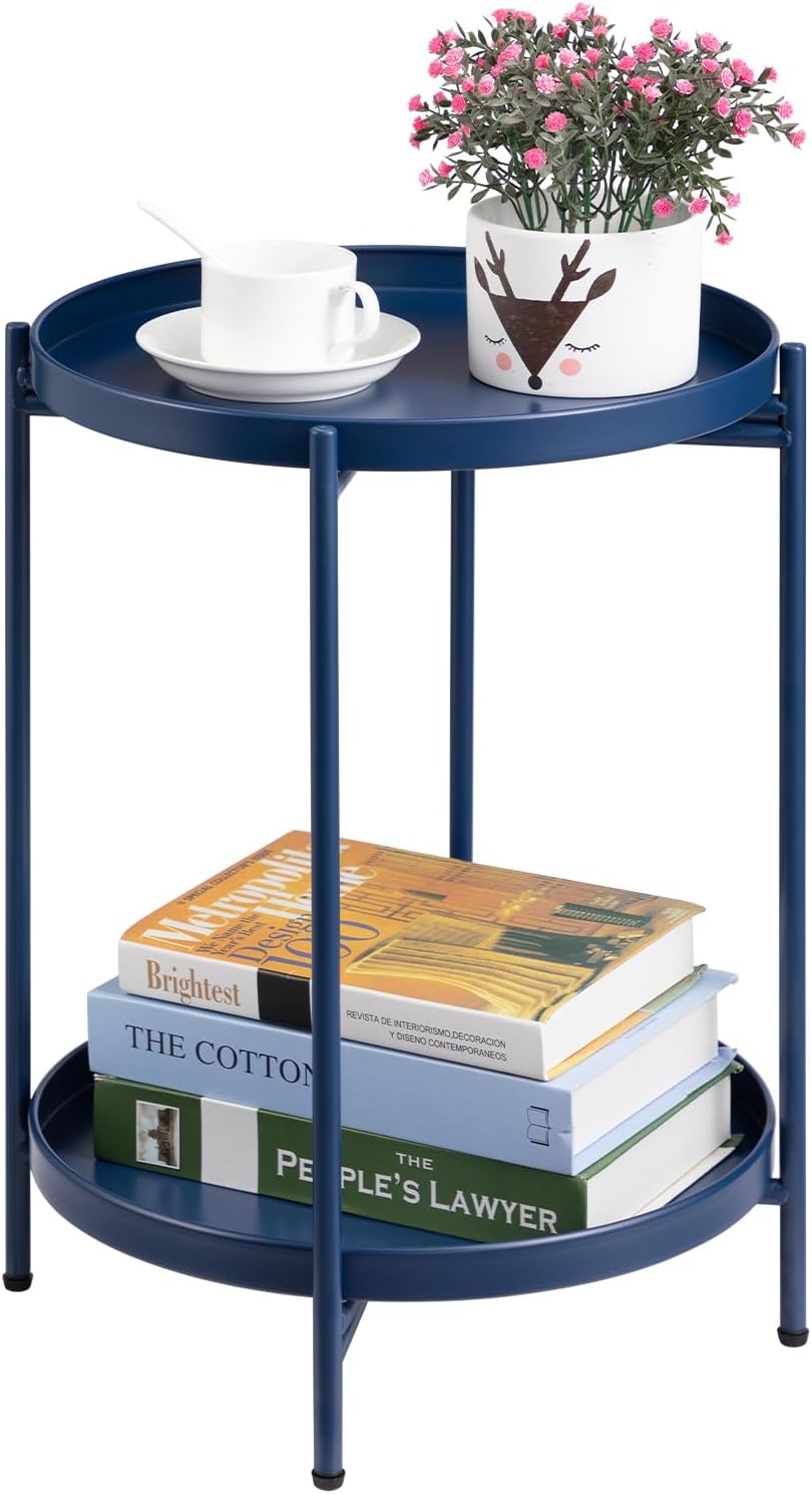 HollyHOME 2-Tier Round Side Table, Outdoor Small Folding Accent Stand with Removable Tray, Anti-Rust Metal Asional Table for Balcony Patio Living Room, Nightstand for Bedroom(Navy Blue)