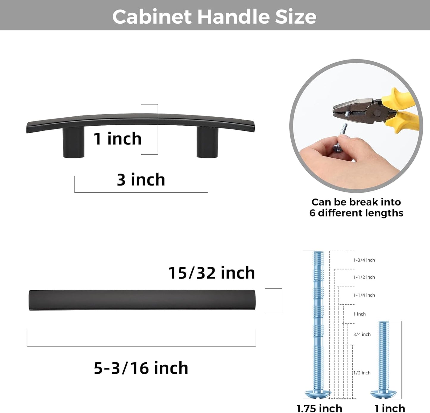 15 Pack Cabinet Handles 3" Hole Center - Curved Cabinet Pulls Black Drawer Pulls for Kitchen Cupboard Solid Hardware for Dresser Drawer Arch Hardware
