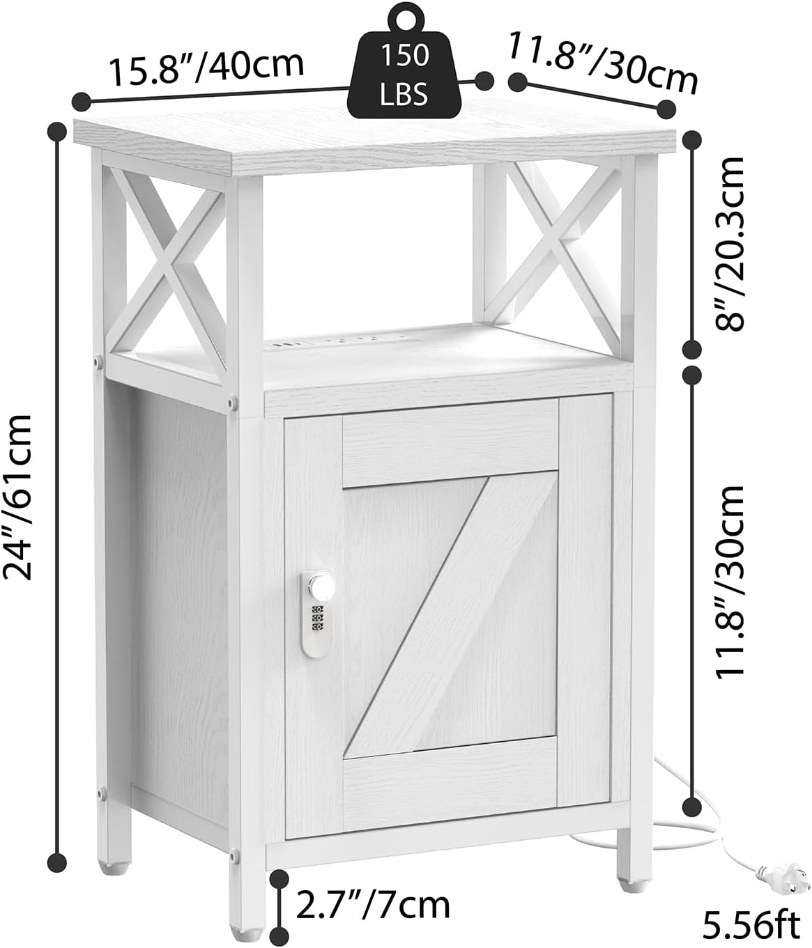 Wooden Nightstand with Lock, Bed Side Table with Drawers, Bedside Table with Charging Station, 3 USB & 2 Outlets, Night Stand with Storage, End Tables for Living Room, Bedroom, Dorm, White