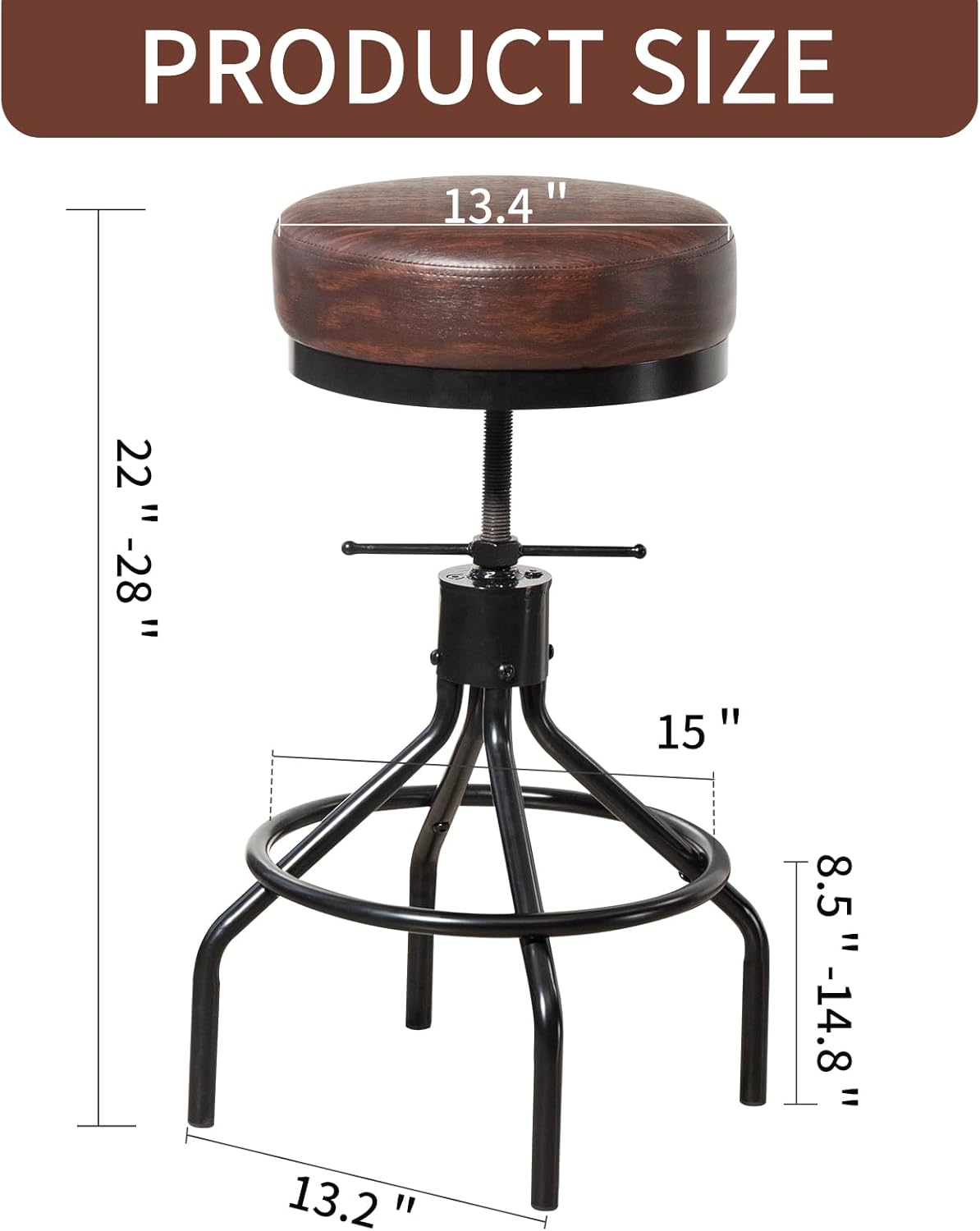 Counter Height Bar Stools Set of 3 Adjustable Swivel Barstools Industrial Modern PU Leather 28inch Round Backless Counter Height Stool Metal Bar Chair for Kitchen Island (3, Walnut)